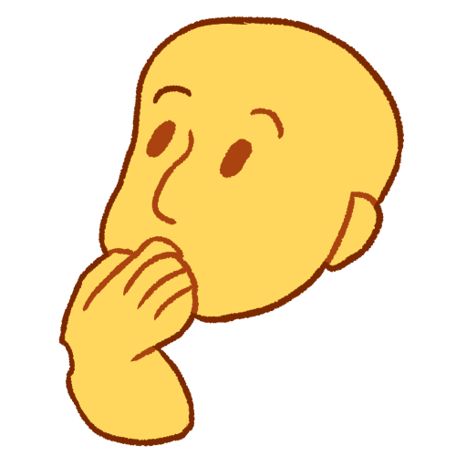 someone looking like they’re thinking about something, looking to the top left with their hand in their chin. they're emoji yellow and fat with brown lines.